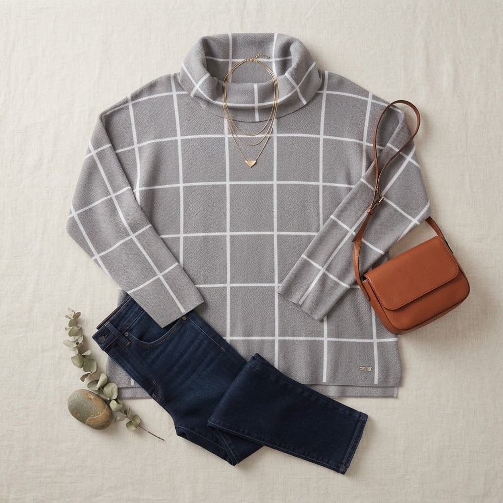 Calvin Klein Cowl Neck Sweater Womens Medium Grey Windowpane Plaid Casual Chic
